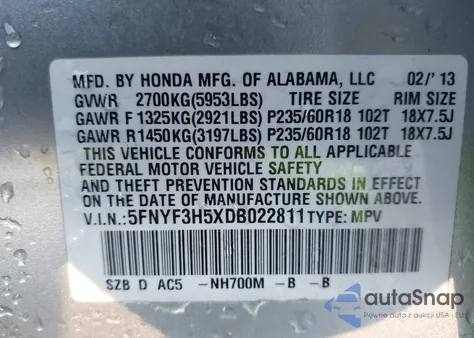 2013 Honda Pilot Ex-L z USA, uszkodzony, nr VIN 5FNYF3H5XDB022811